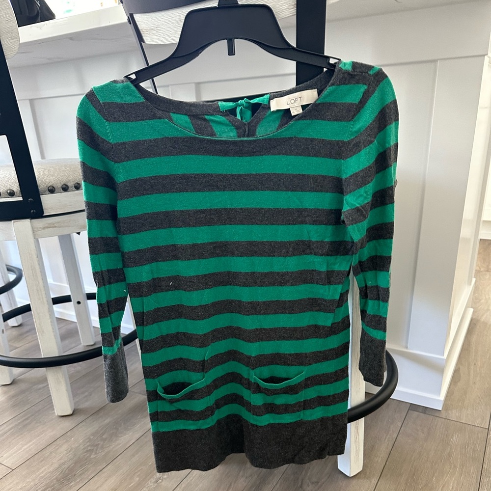 Green and gray stripped long Loft sweater.
